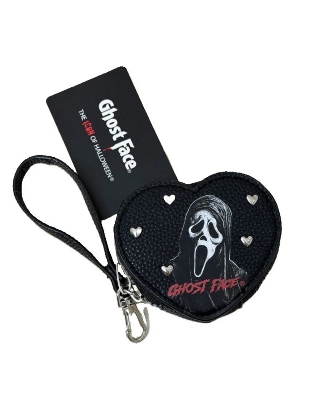 Ghost Face Heart Wristlet Coin Purse Black Studded Halloween *Primark*-NEW